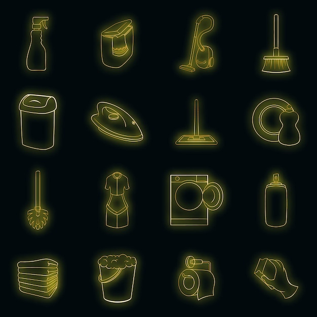 Household elements icons set in neon style. Cleaning tools set collection vector illustration