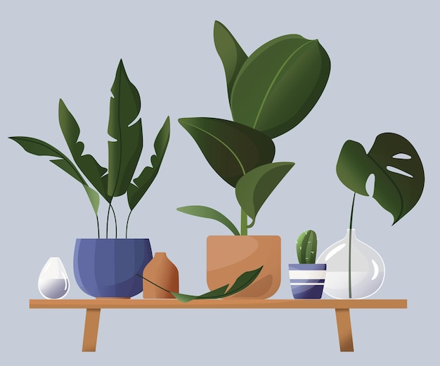 Household flowers in pots. beautiful illustration in scandinavian style. tropical leaves, vases, pots, flower stand. drawing in cartoon flat style