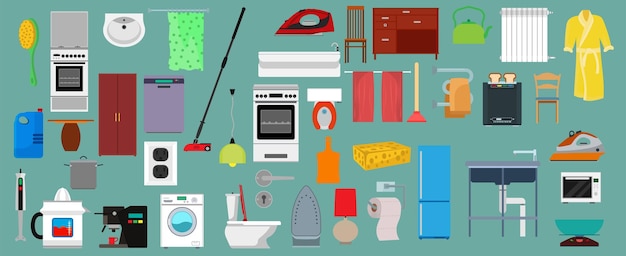 Household sign icon set and house appliance design Home equipment machine and domestic symbol