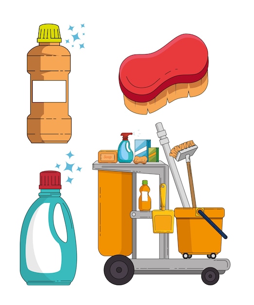 Household supplies and cleaning flat icons 