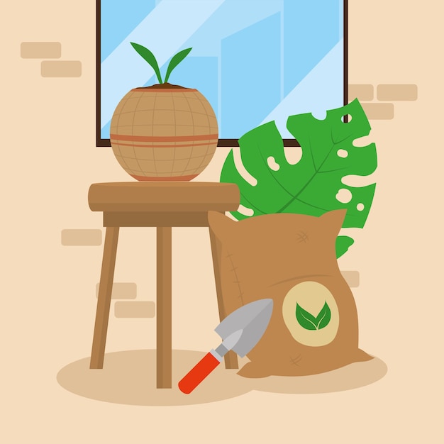 Houseplant and fertilizer sack scene