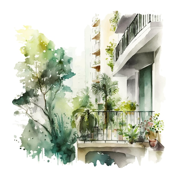 Houseplants on the balcony Room full of plants view through the window Urban jungle concept Watercolor