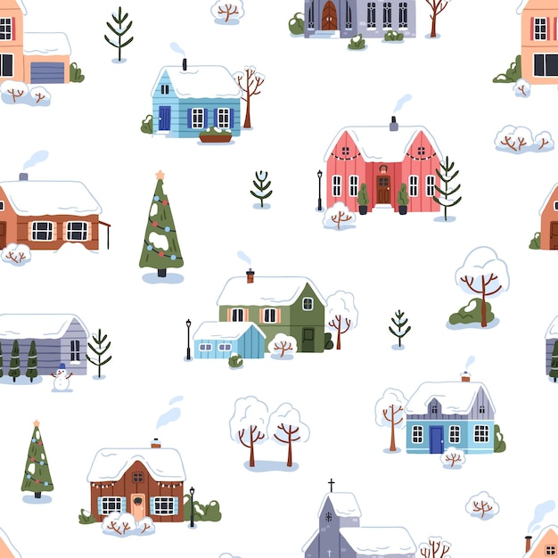 Houses in winter village seamless pattern Endless countryside landscape background repeating print with cute country homes snow in nature Flat vector illustration repeating print design