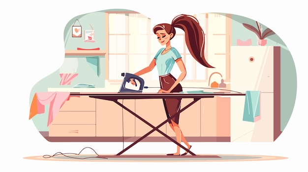 Vector housewife ironing clothes at home female character