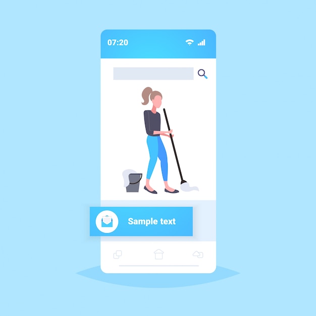 housewife mopping floor woman cleaner using mop cleaning service housework concept smartphone screen mobile online application full length 