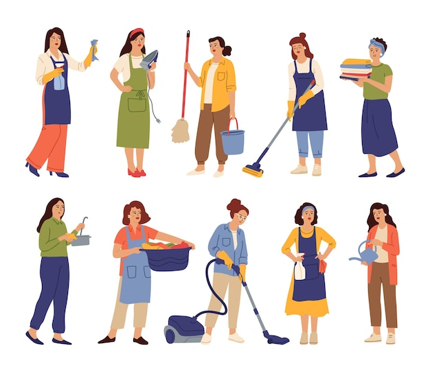 Housewives mother cooks, housekeeper woman cleaning home. Isolated girl cleans, washing female domestic working vector set. Housewife and housework, character housekeeper housekeeping illustration