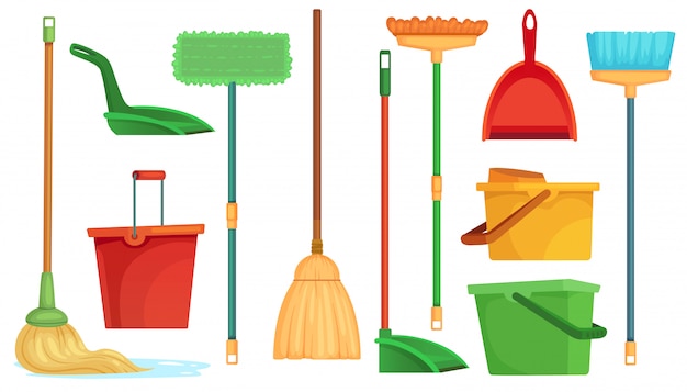 Housework broom and mop. Sweeper brooms, home cleaning mops and cleanup broom with dustpan isolated cartoon  illustration set