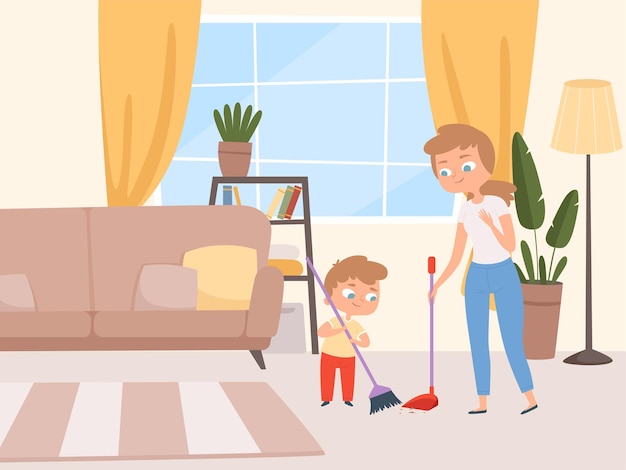 Housework children help. Kids washing living room with parents cleaning house with father and mother  cartoon characters.