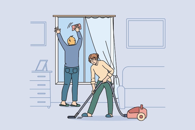 Housework and cleaning apartment concept. Young couple in home clothes cleaning window and vacuuming carpet together at home at weekend vector illustration