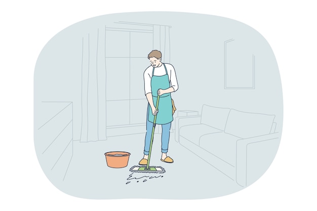 Housework, home assistant, occupation concept. Young man professional cleaner in apron washing floor