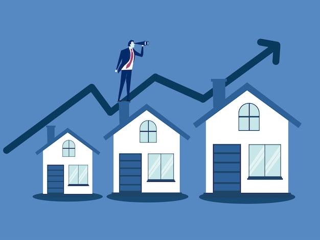 Housing price rising up real estate investment or property growth concept businessman holding field glass on rising house graph vector illustration