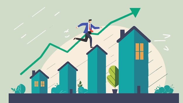 Housing price rising up real estate or property growth concept businessman running on rising green