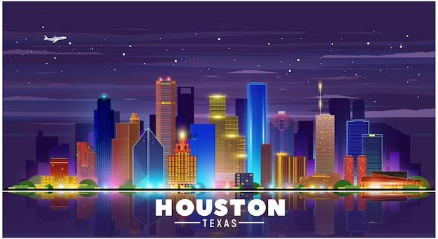 Vector houston texas (usa) night city skyline vector illustration on sky background. business travel and tourism concept with old and modern buildings. image for presentation, banner, web site.