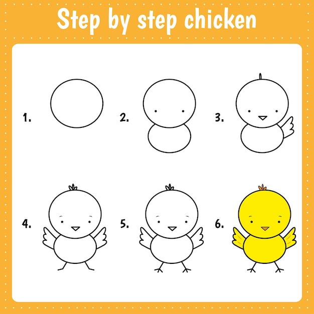 How to draw cute little chicken Educational page for children Creation step by step illustration Printable worksheet for kids school exercise book