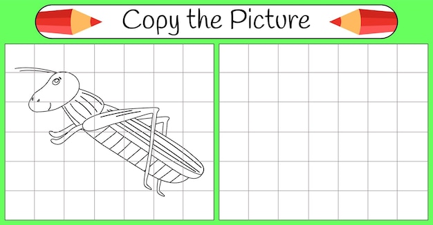 How to draw a grasshopper Step by step use grid learning draw Drawing tutorial Lesson for kids Coloring page for book Children educational art page Vector illustration