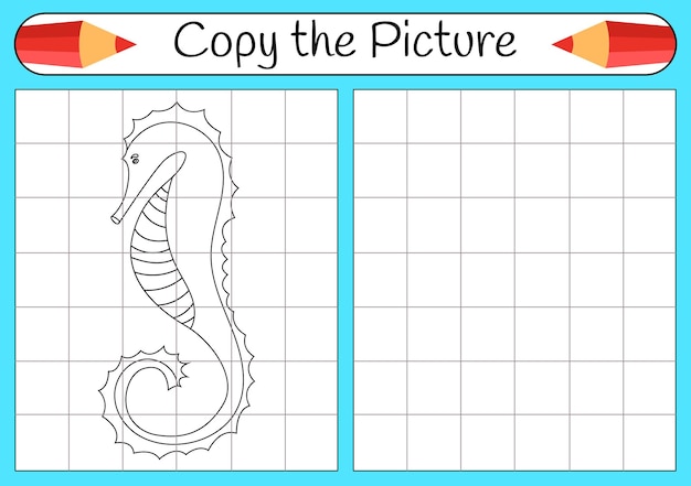 How to draw a seahorse Step by step use grid learning draw Drawing tutorial Lesson for kids Coloring page for book Children educational art page Vector illustration