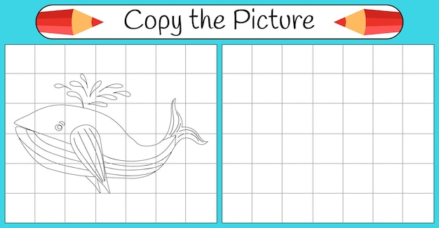 How to draw a whale Step by step use grid learning draw Drawing tutorial Lesson for kids Coloring page for book Children educational art page Vector illustration