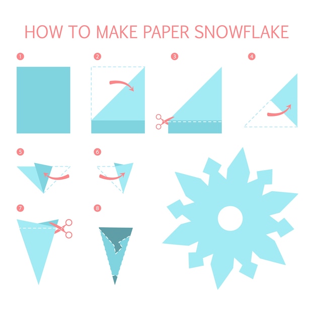 Vector how to make white snowflake of different shape diy. step-by-step instruction for paper origami toy. tutorial for children. isolated vector flat illustration