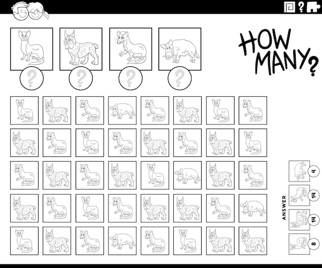 How many cartoon animals counting game coloring page