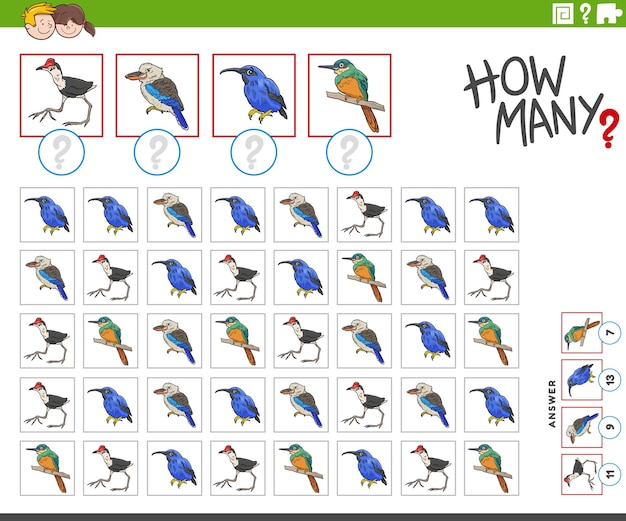 How many cartoon birds animal characters counting game