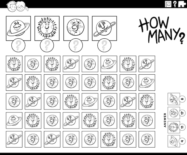 How many cartoon planets counting game coloring page