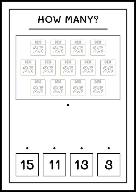 How many christmas calendar, game for children. Vector illustration, printable worksheet