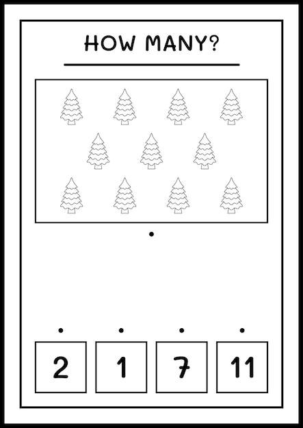 How many christmas tree, game for children. Vector illustration, printable worksheet