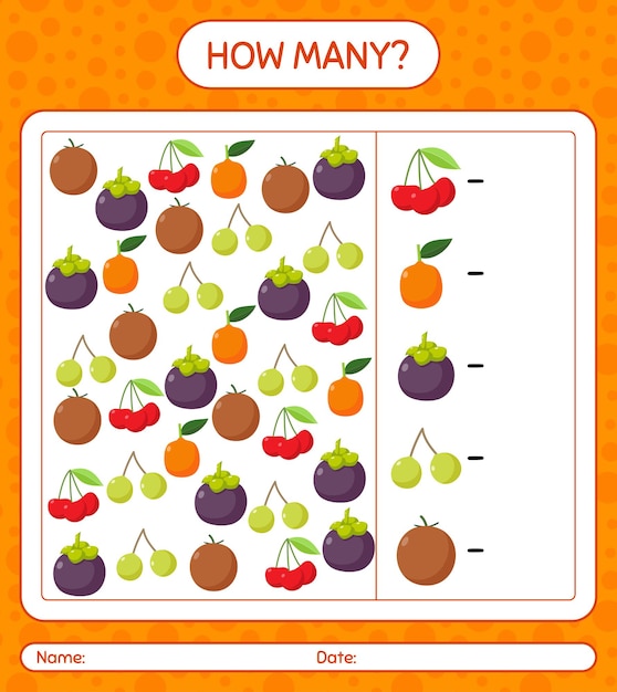 How many counting game with fruit. worksheet for preschool kids, kids activity sheet, printable worksheet