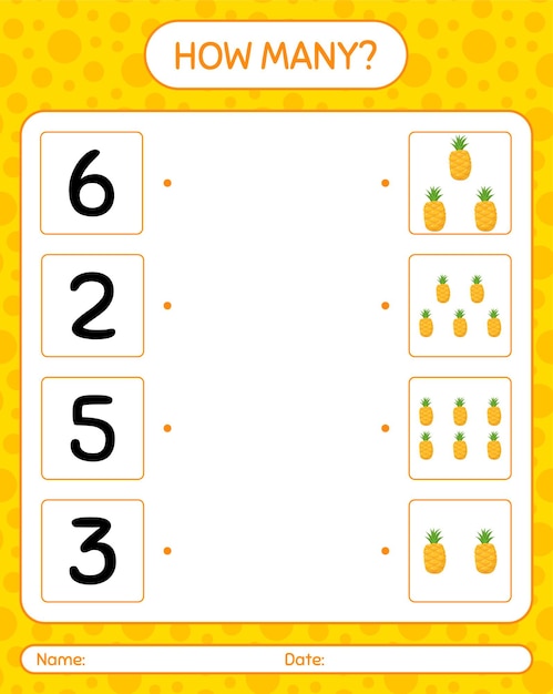 How many counting game with pineapple. worksheet for preschool kids, kids activity sheet, printable worksheet