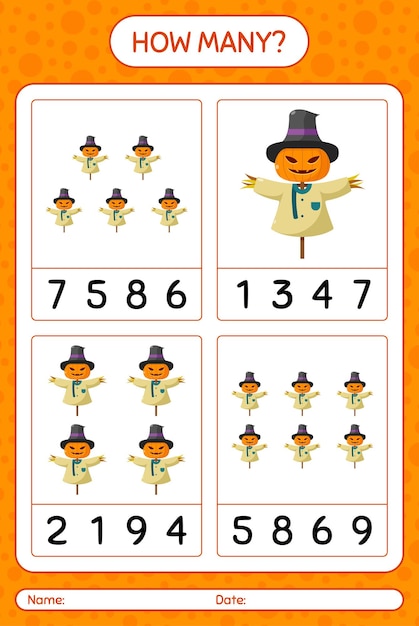 How many counting game with scarecrow. worksheet for preschool kids, kids activity sheet