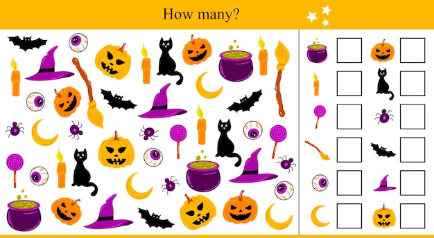 How many Halloween elements? Educational game for children. Autumn vector illustration