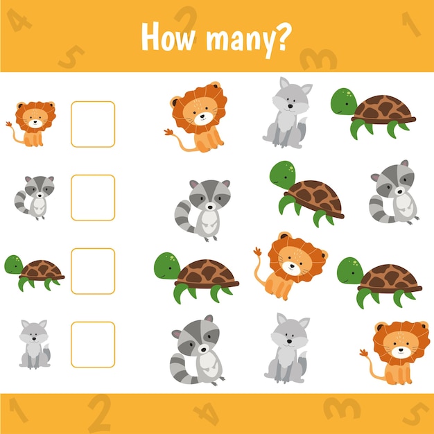 How many jungle animals are there. Count the number of animals. Math worksheet for kids.