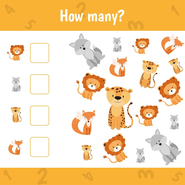 How many jungle animals are there. Count the number of animals. Math worksheet for kids.