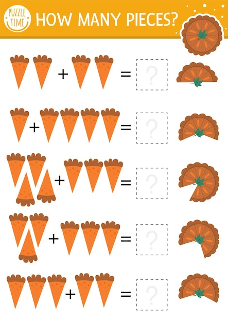 How many pieces game with cute pumpkin pie Autumn Thanksgiving math addition activity for preschool children Printable simple counting worksheet for kids with fall holiday foodxA