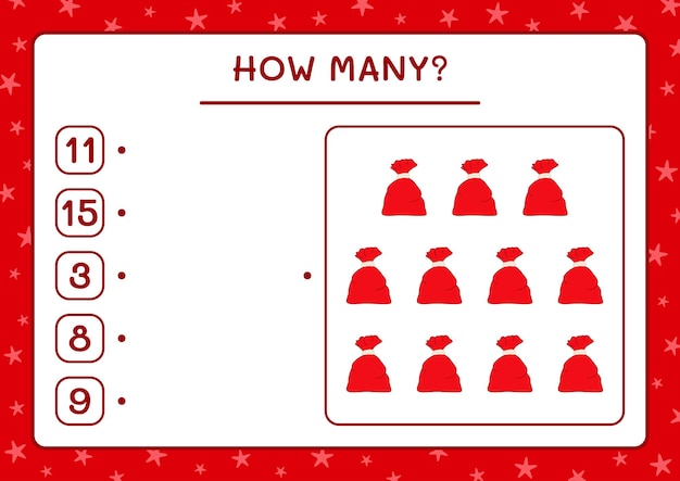 How many santa claus red bag, game for children. Vector illustration, printable worksheet