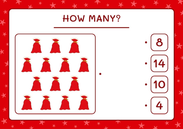 How many santa claus red bag, game for children. Vector illustration, printable worksheet