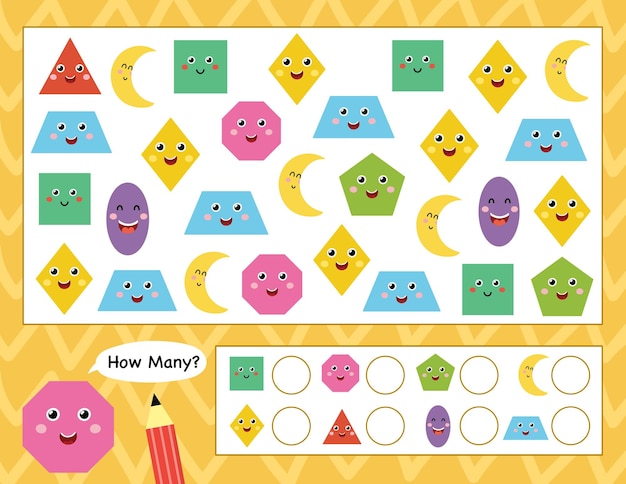 How many shapes activity page for kids Count the shapes and write I Spy game template for children