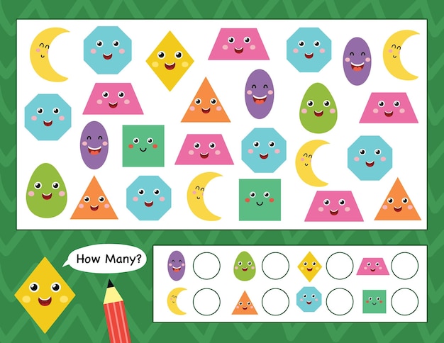 How many shapes activity page for kids Count the shapes and write I Spy game template for children