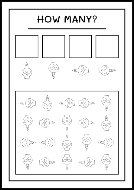 How many Skull with Candle, game for children. Vector illustration, printable worksheet