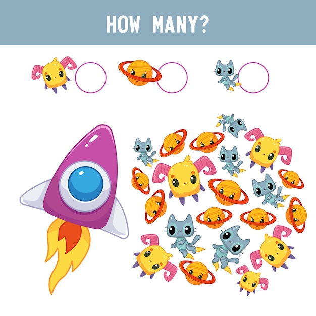 How many ufos aliens and cats does cute little space rocket have in space Counting educational kids