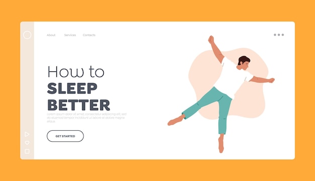 How to Sleep Better Landing Page Template Male Character Sleeping Pose in Bed Top View Man Wear Pajama Nap on Back