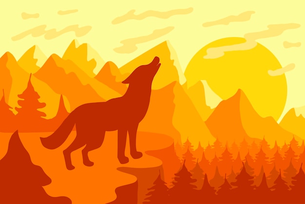 Howling at the moon wild wolf at sunrise or sunset in the mountain forest Natural landscape