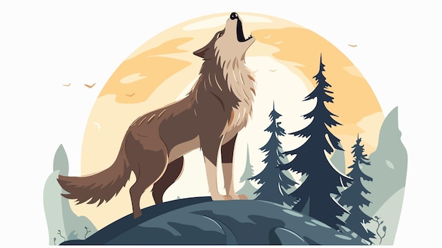 Howling Wolf Flat Color Cartoon Illustration