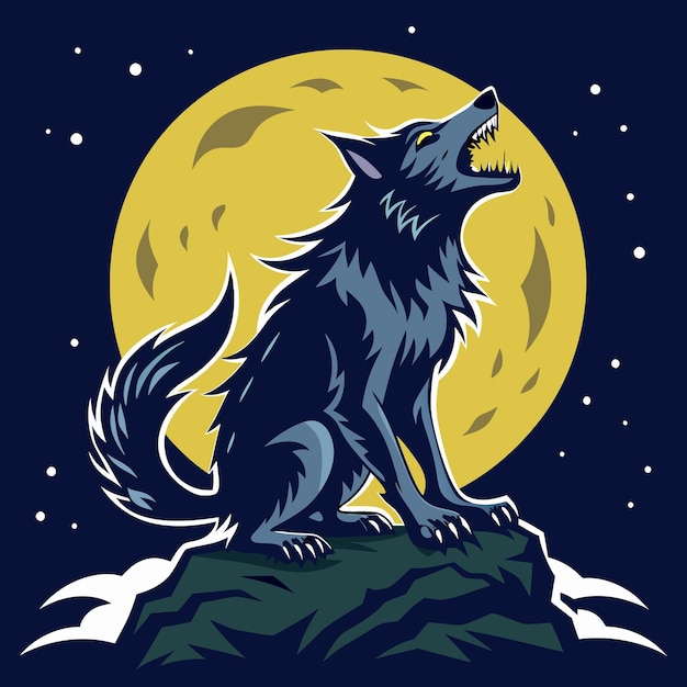 A howling wolf sits on a rock under a full moon in a night sky