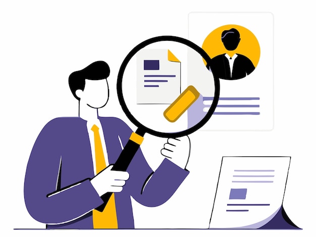 Vector hr managers scrutiny examining employee records through a magnifying lens