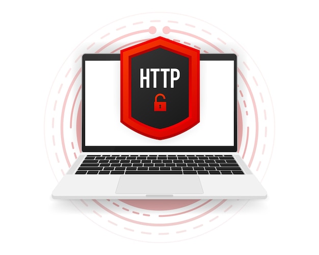 HTTPS and HTTP protocols, safe web surfing and data encryption. Computer banner Vector illustration.