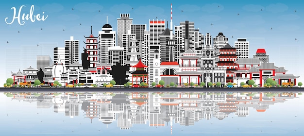 Hubei Province in China City Skyline with Gray Buildings Blue Sky and Reflections