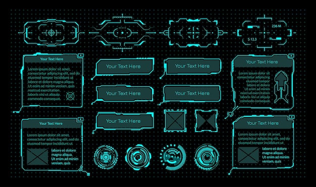 Vector hud elements cyberpunk virtual game interface neon frames with copy space round viewfinders and radars or weapon sights digital dashboard isolated templates set vector vr ui panel