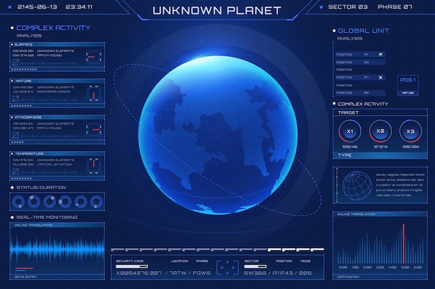 HUD futuristic alien planet world map hologram Exploration of an unknown planet Interactive screen with digital interface