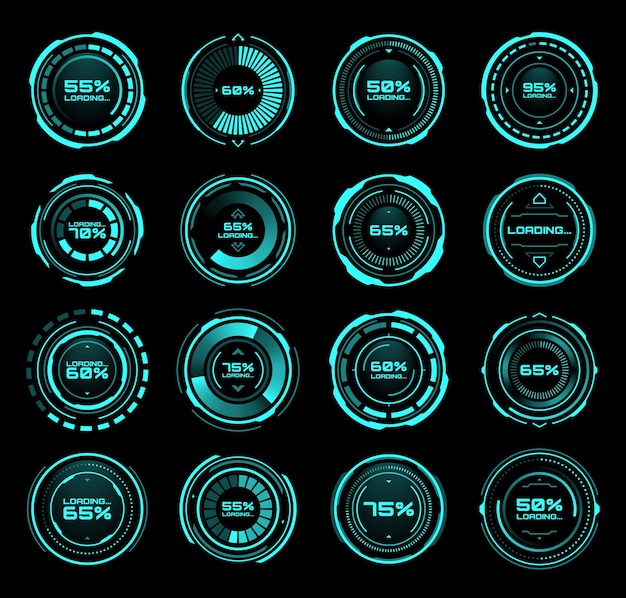 HUD futuristic loading bars of process and status interface vector icons. Digital technology panel with HUD downloading bars on neon screen or dashboard controls on display with percent status